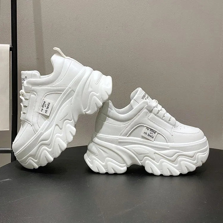 Height increasing insole dad shoes for women, super high heel, mesh upper, black colour, front lace-up