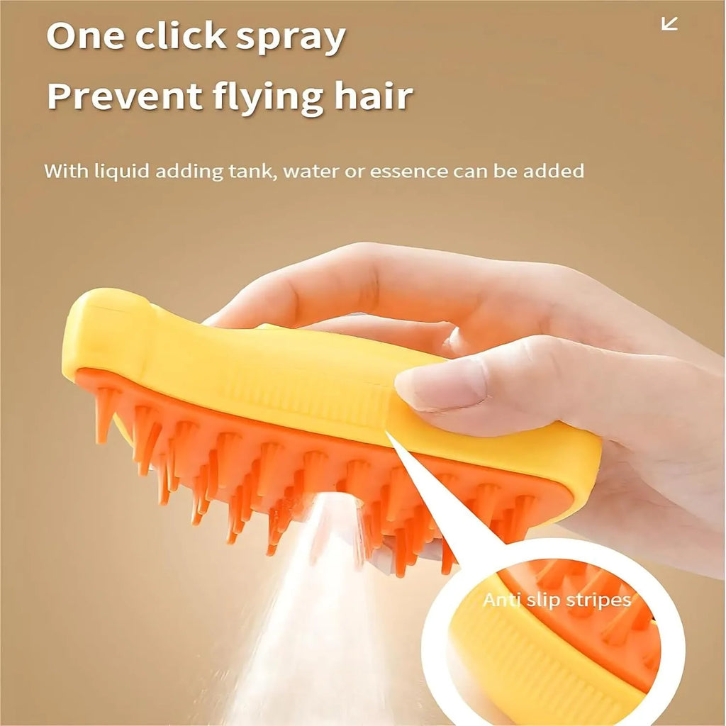 Green and yellow 3-in-1 cat steam brush with silicone construction and paw-shaped teeth