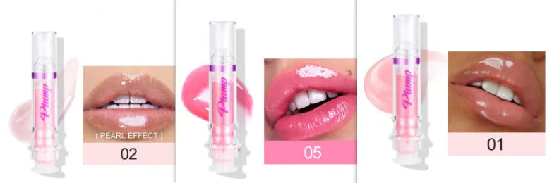 Tube of lip gloss showing shiny finish, available in six different colour shades.