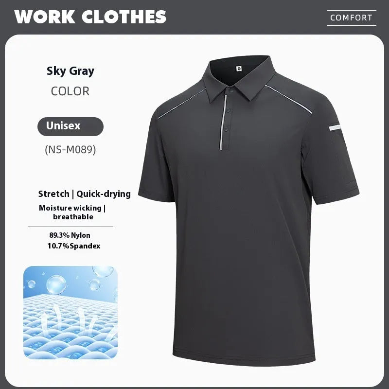 Men's solid colour quick-dry polo shirt in nylon blend fabric on a hanger.