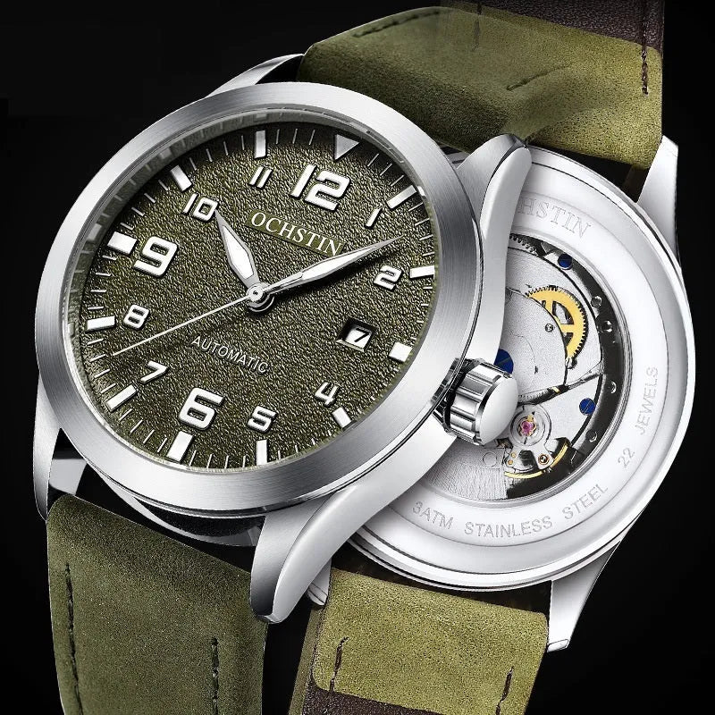 Retro leather automatic mechanical watch for men with exhibition back, 12mm slim, black shell beige dial