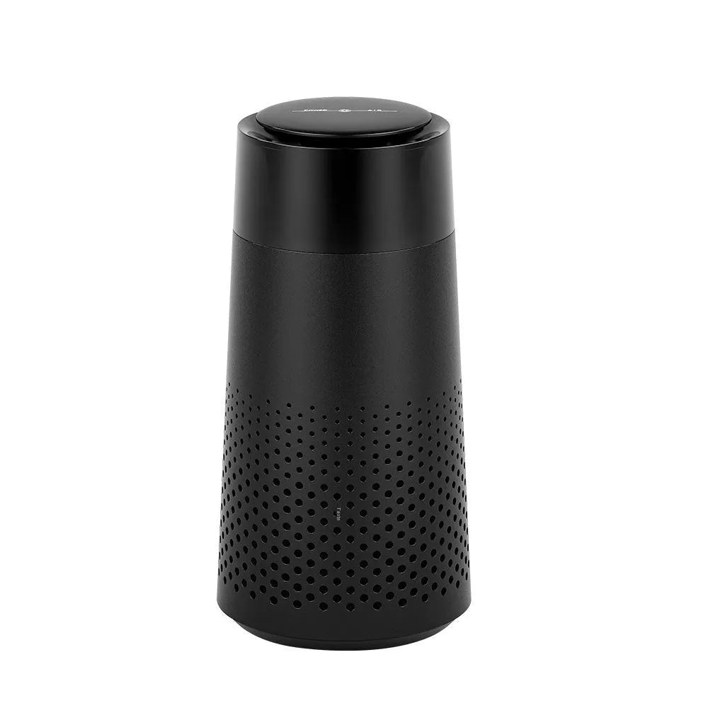 Black 5W car air purifier with horse running light and USB cable on a flat surface