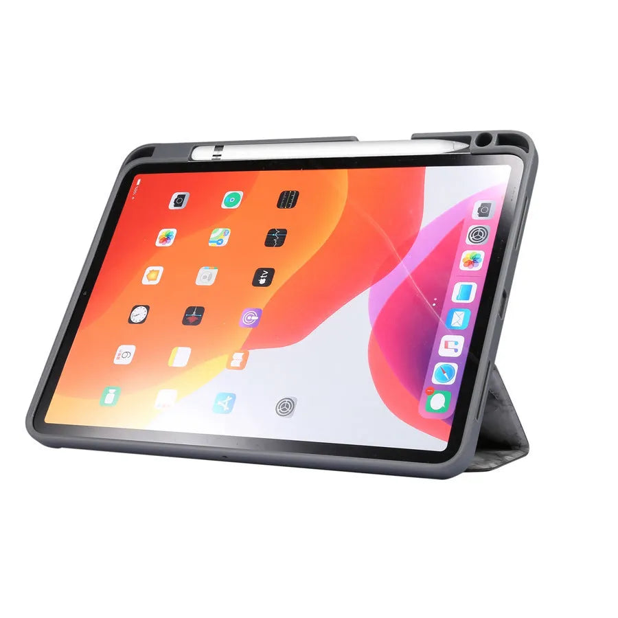 Tri-fold marbling imitation leather iPad case with pen slot in dark gray colour