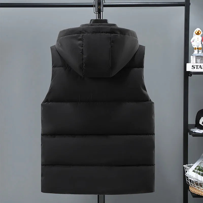 Men's black and blue thickened vest with removable cap and straight hem design