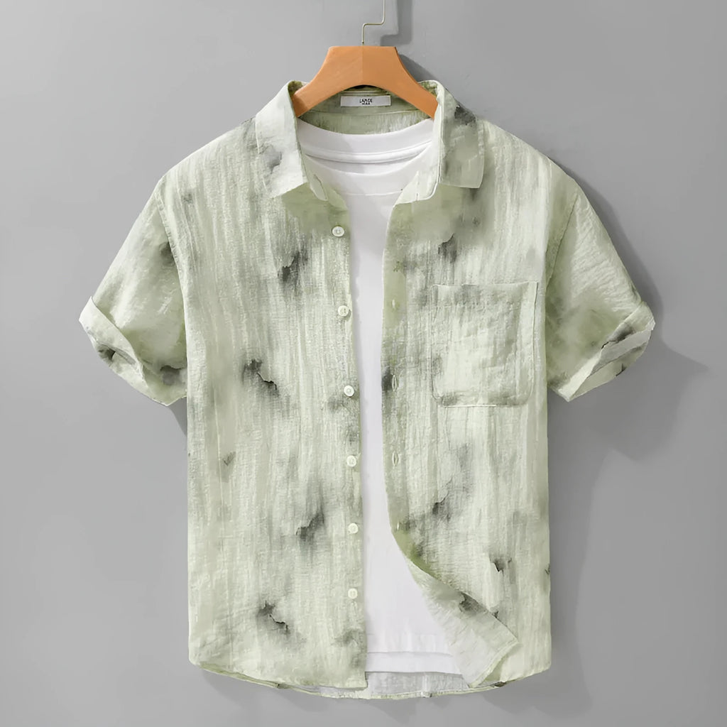 Linen blend printed short sleeve cardigan shirt in light green with floral pattern, loose straight cut summer top