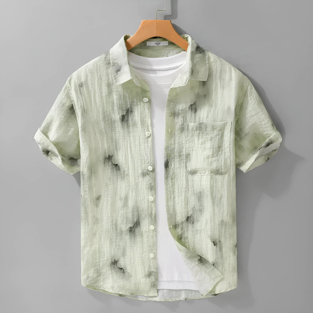 Linen blend printed short sleeve cardigan shirt in light green with floral pattern, loose straight cut summer top