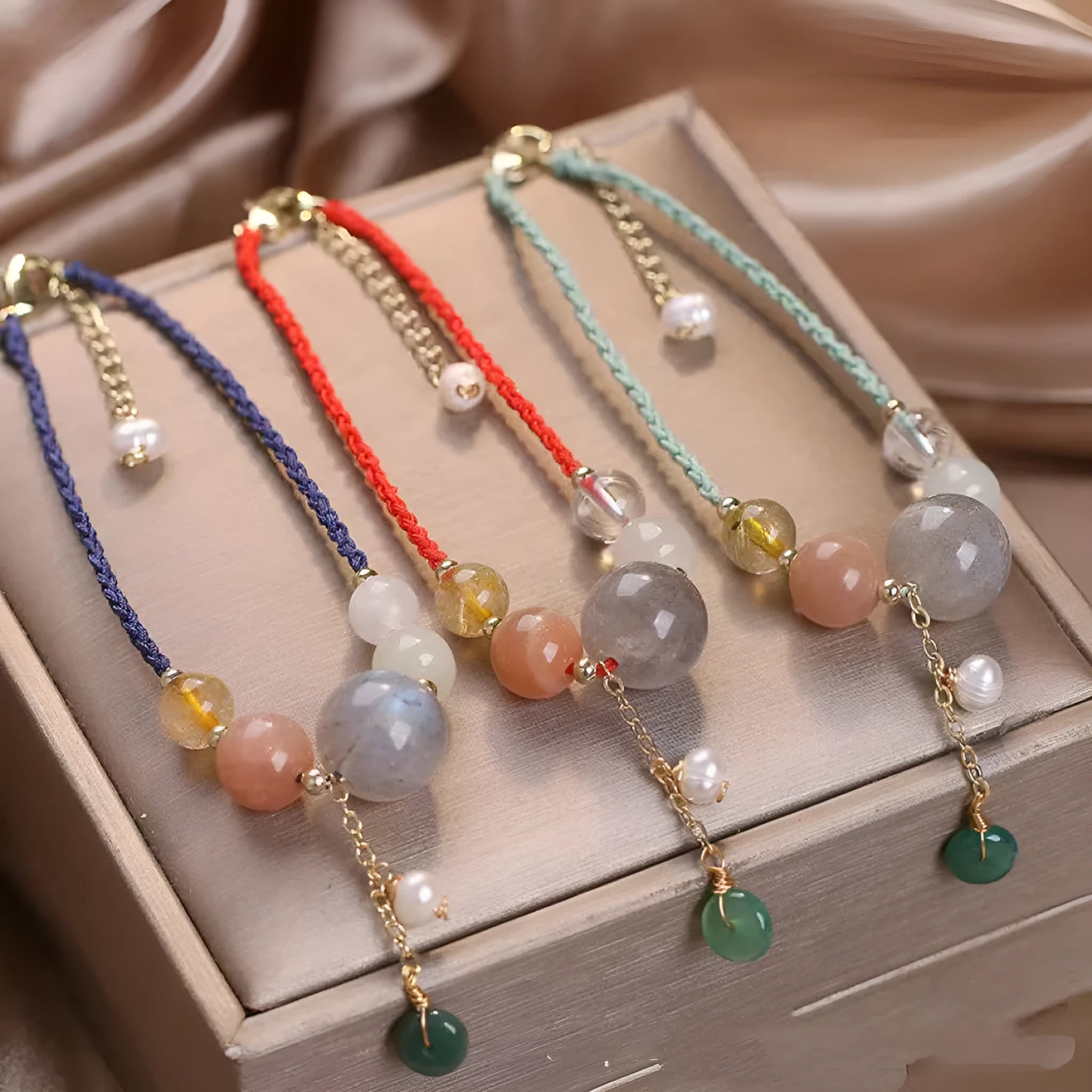 Hand-woven crystal peace buckle bracelet with sequins in blue, green, or red colour options