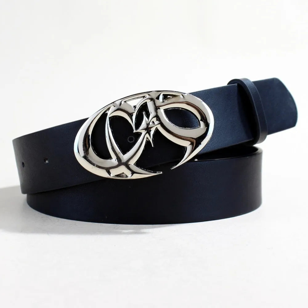 Men's silver buckle casual belt with snap button fastening on PU leather strap