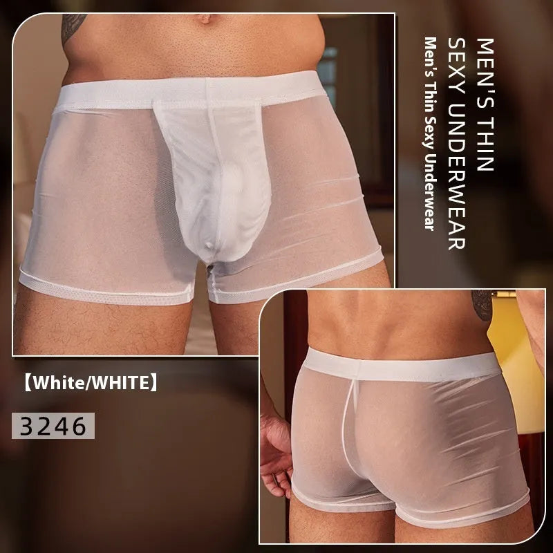 Men's black and white breathable nylon boxer briefs on a plain background.