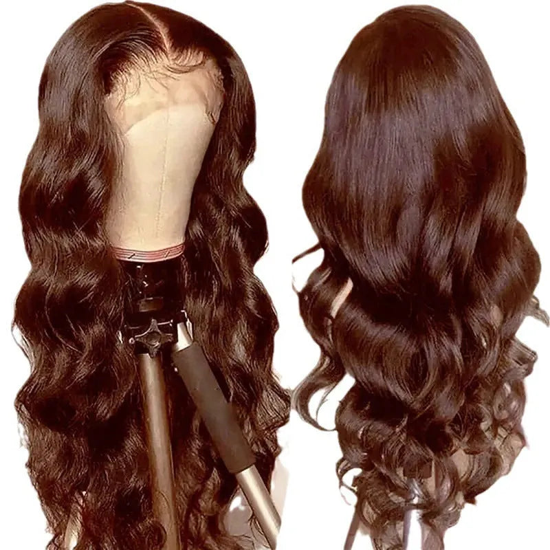 Women's dark brown front lace wig with long curly hair and side bangs style