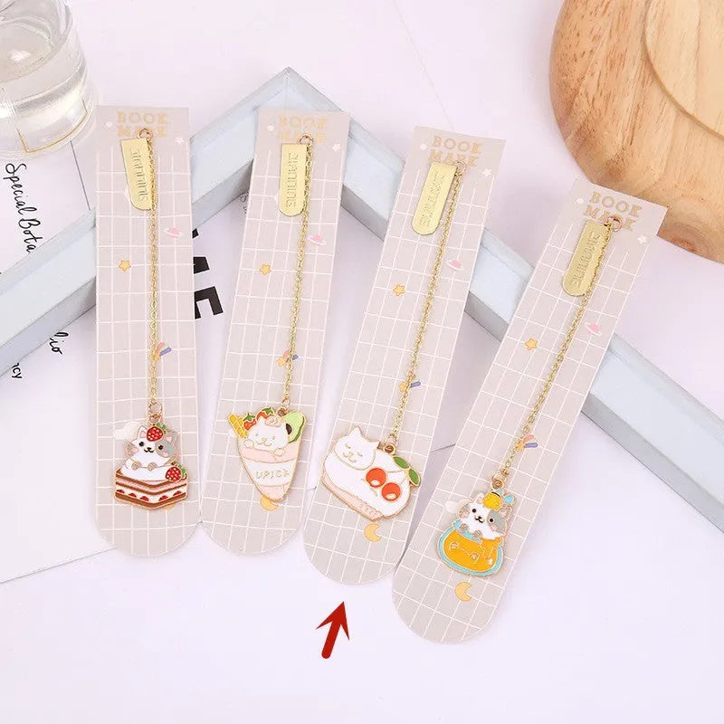 Jane Key Foodie metal bookmark with cartoon cat design, showing four style options including Strawberry Cake Cat.