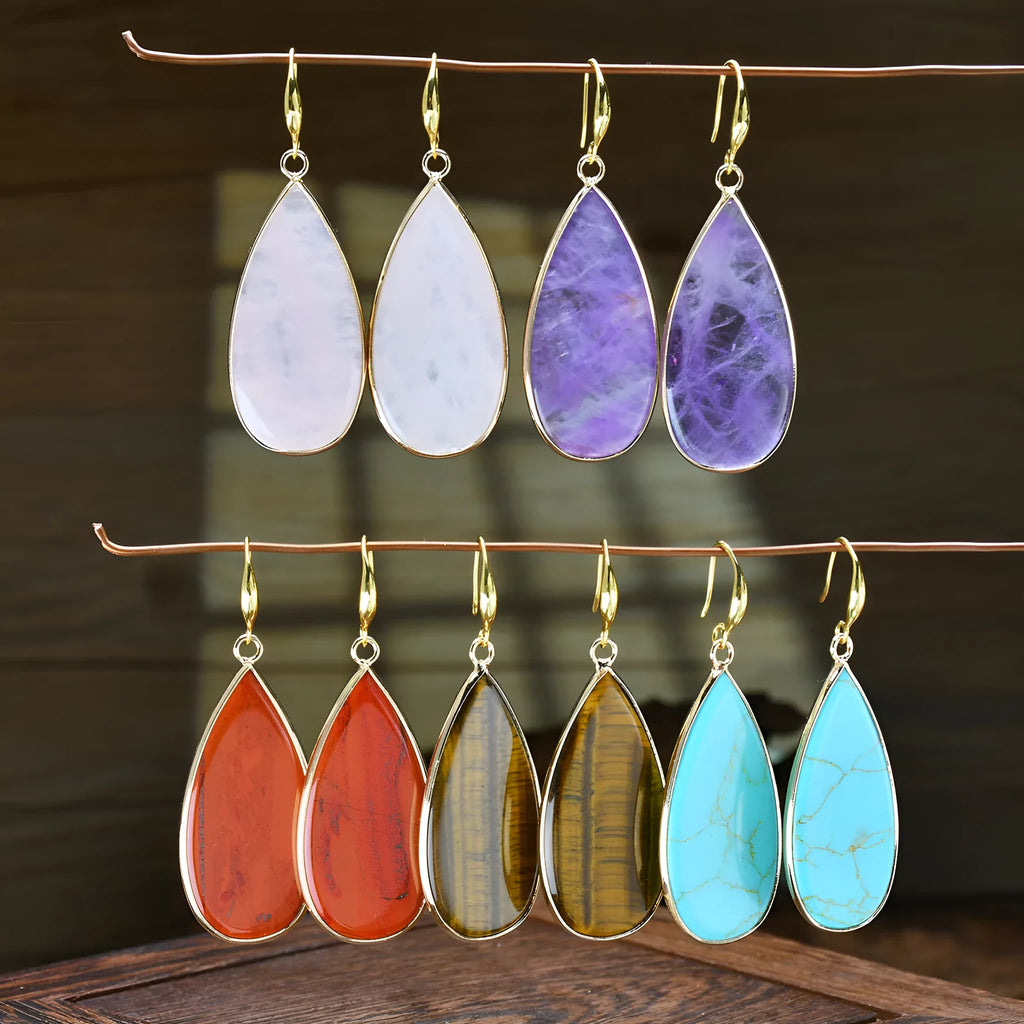 Vintage long water drop stone earrings in Tigereye, amethyst, pink crystal, Redstone, turquoise