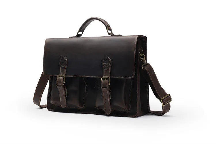 Cowhide leather crossbody computer bag in black coffee colour with anti-theft features and business design