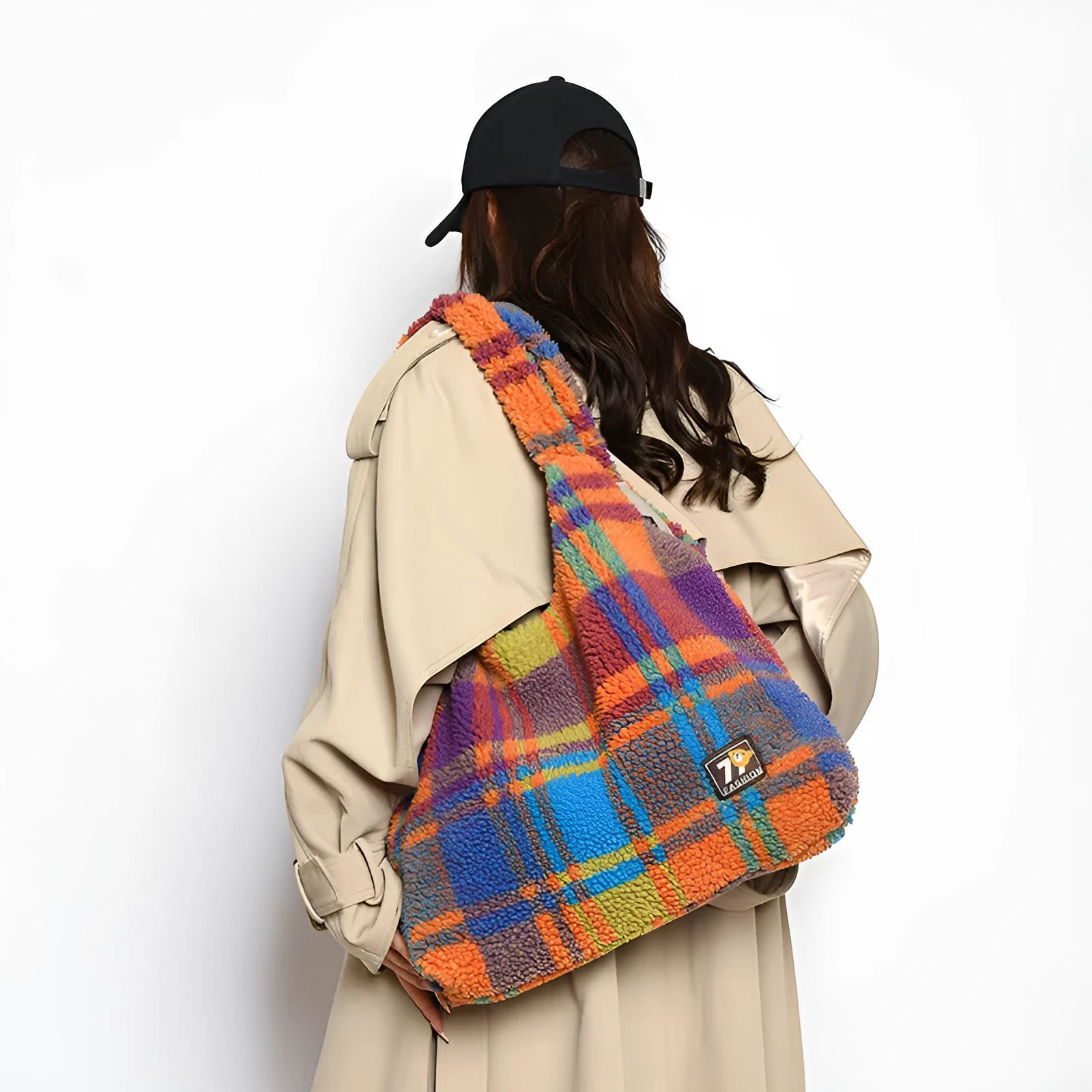 Army Green plaid plush women's large shoulder tote bag showing front view and zipper compartment.