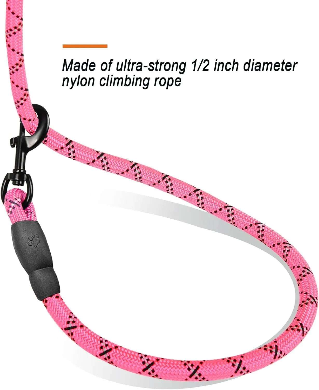 Heavy duty 5 FT nylon dog leash with padded handle and reflective threads in pink for large dogs