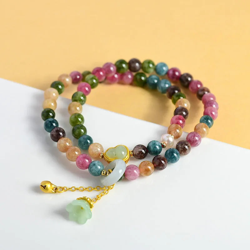 Women's double circle bracelet with natural chalcedony beads in 6.5mm diameter