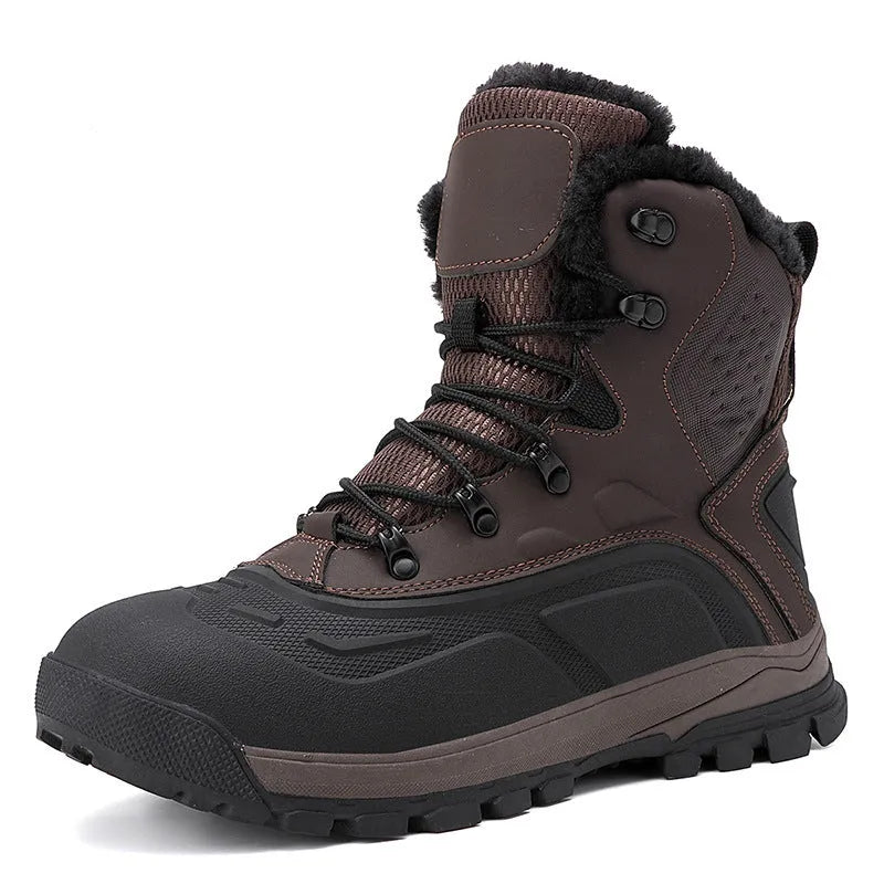 Men's black high-top boots with fleece lining and lace-up front, shown on a ribbed sole.