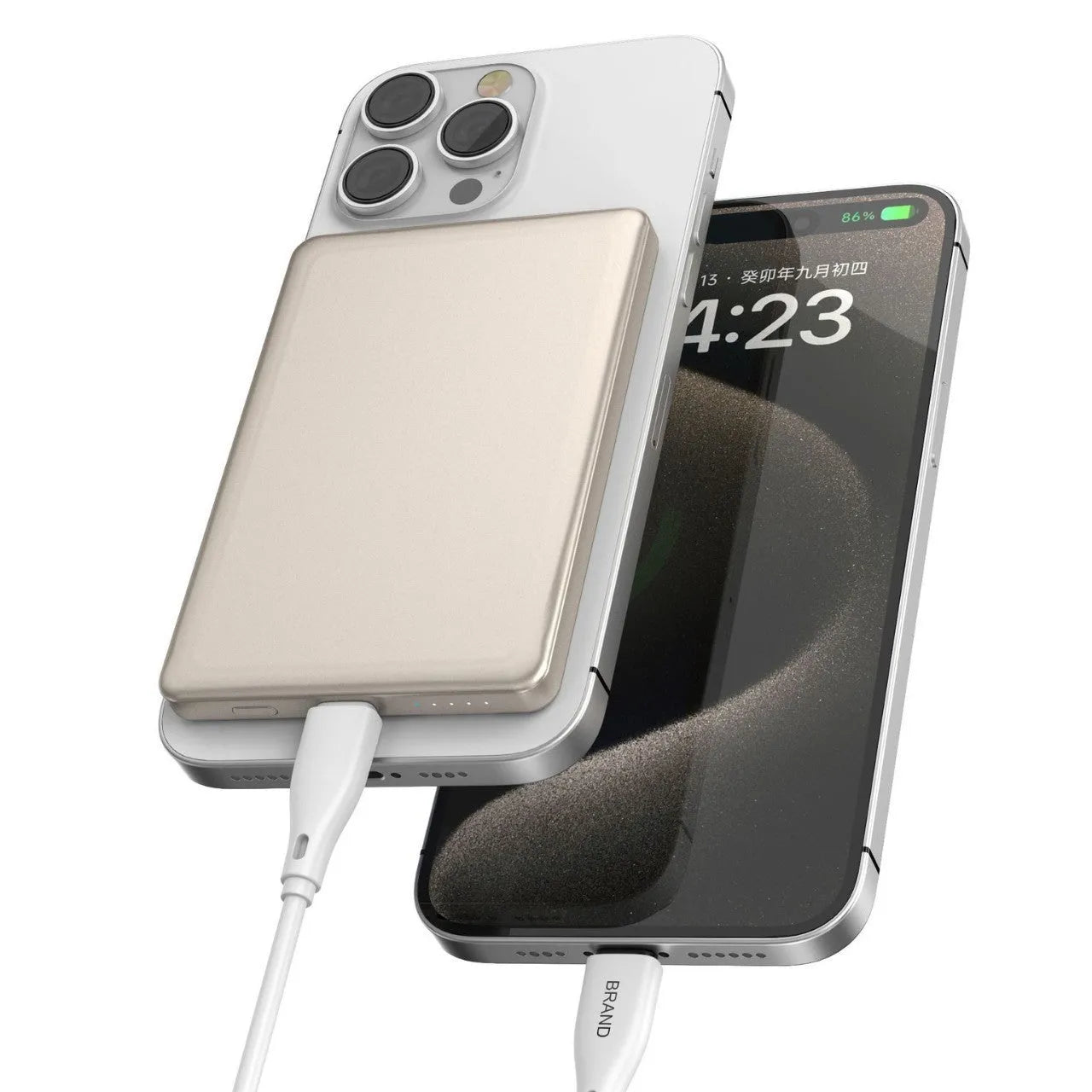 Magnetic wireless power bank with alloy shell in black, compact portable charger on a plain background