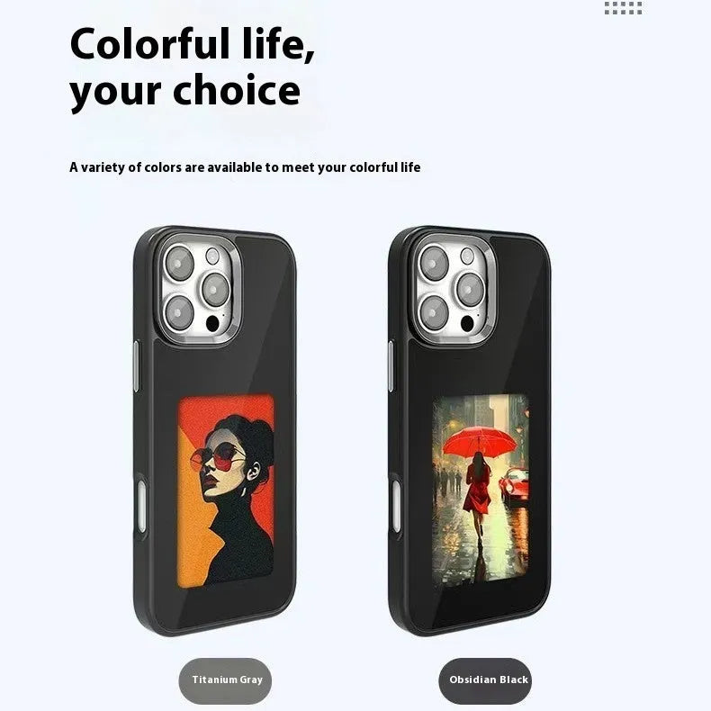 NFC four-colour E-ink screen AI projection phone case for iPhone, soft TPU composite board anti-fall cover in black with tulip design