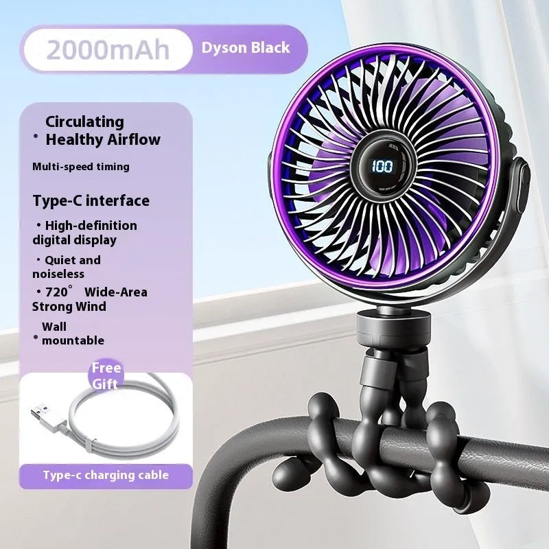 Clip-on portable stroller fan with USB cable, shown in beige colour with three plastic blades.