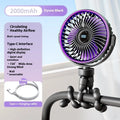 Clip-on portable stroller fan with USB cable, shown in beige colour with three plastic blades.