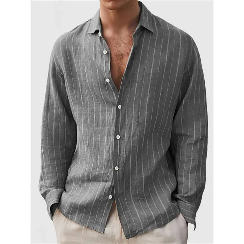 Man wearing a loose-fit striped short-sleeve cardigan-style polyester shirt for casual wear.