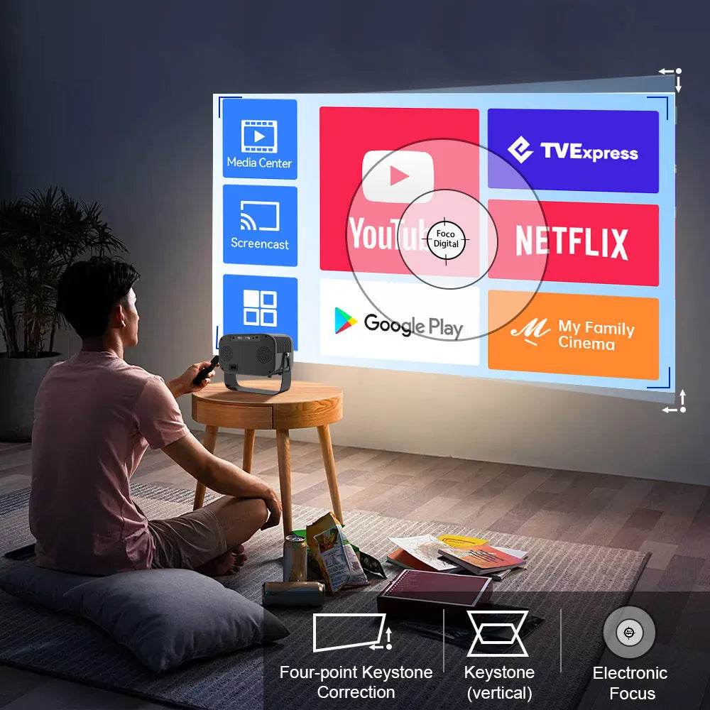Black portable smart projector with 720p HD resolution and Android operating system