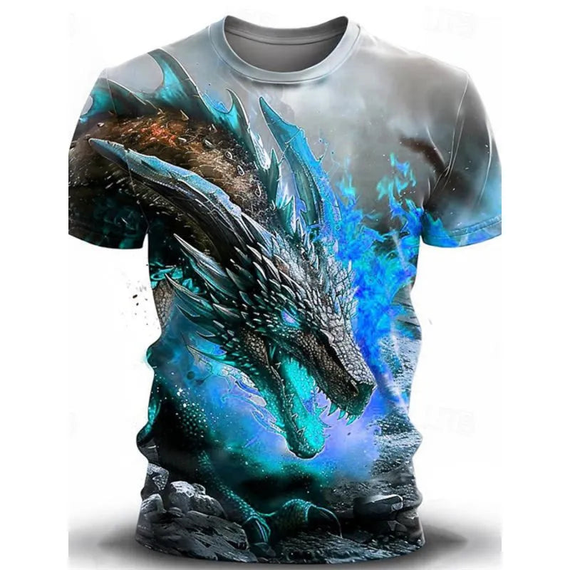 Men's grey T-shirt with a detailed 3D blue wind dragon print on the front.