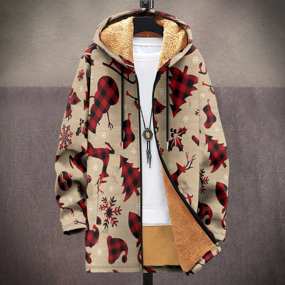Man wearing a multicolour digitally printed hooded cardigan with a zipper front in a loose fit.
