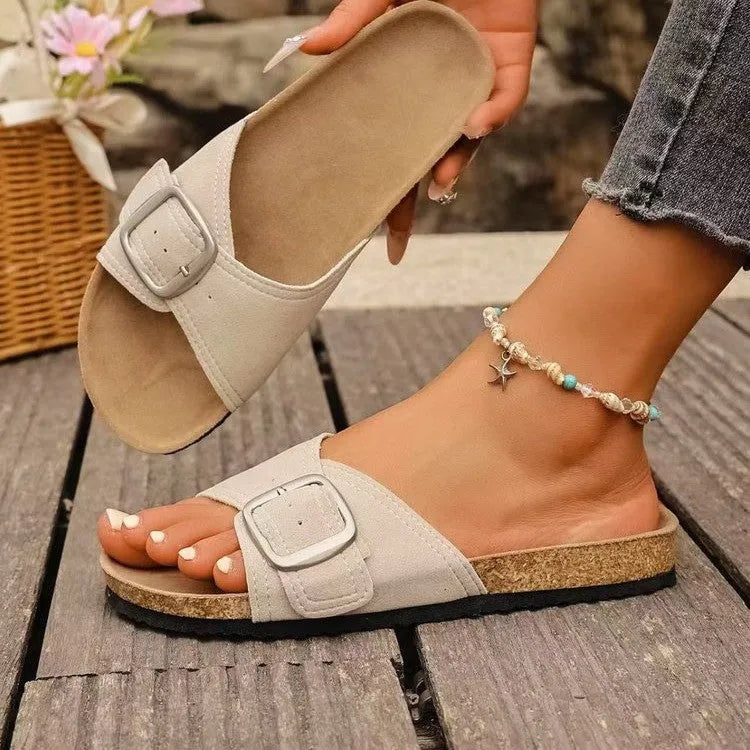Women's canvas open toe sandals with belt buckle in solid colour, available in black, dark brown, light gray, sizes 35-43