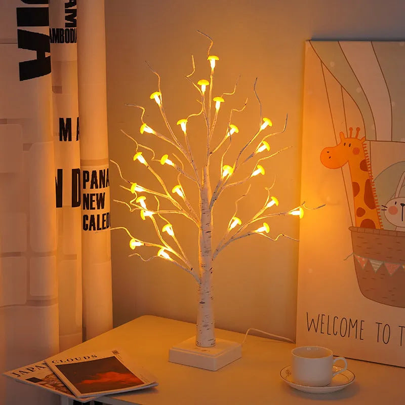 60cm tall mushroom tree lamp with birch design and 24 detachable flowers, warm LED lighting