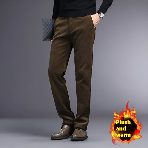 Straight-leg striped trousers in a khaki colour, showing the zip fly front and classic fit.