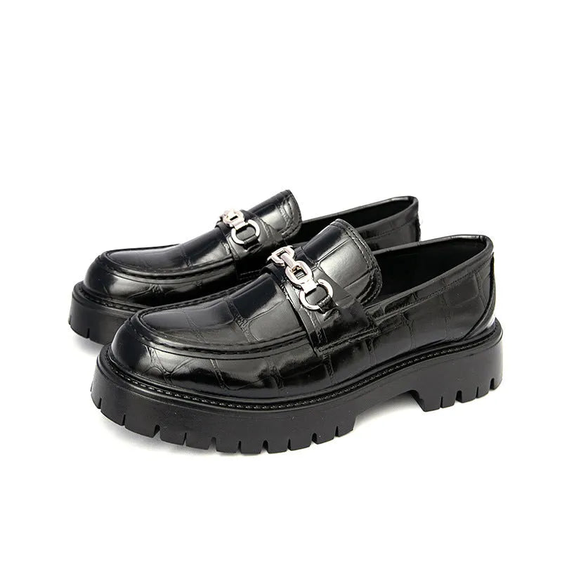 Men's black crocodile pattern leather platform loafers with flat heel