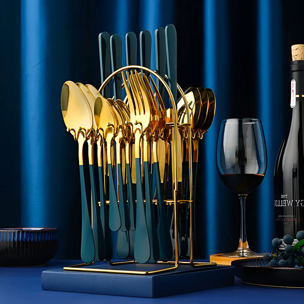 24-piece stainless steel cutlery set with storage rack in a gold finish