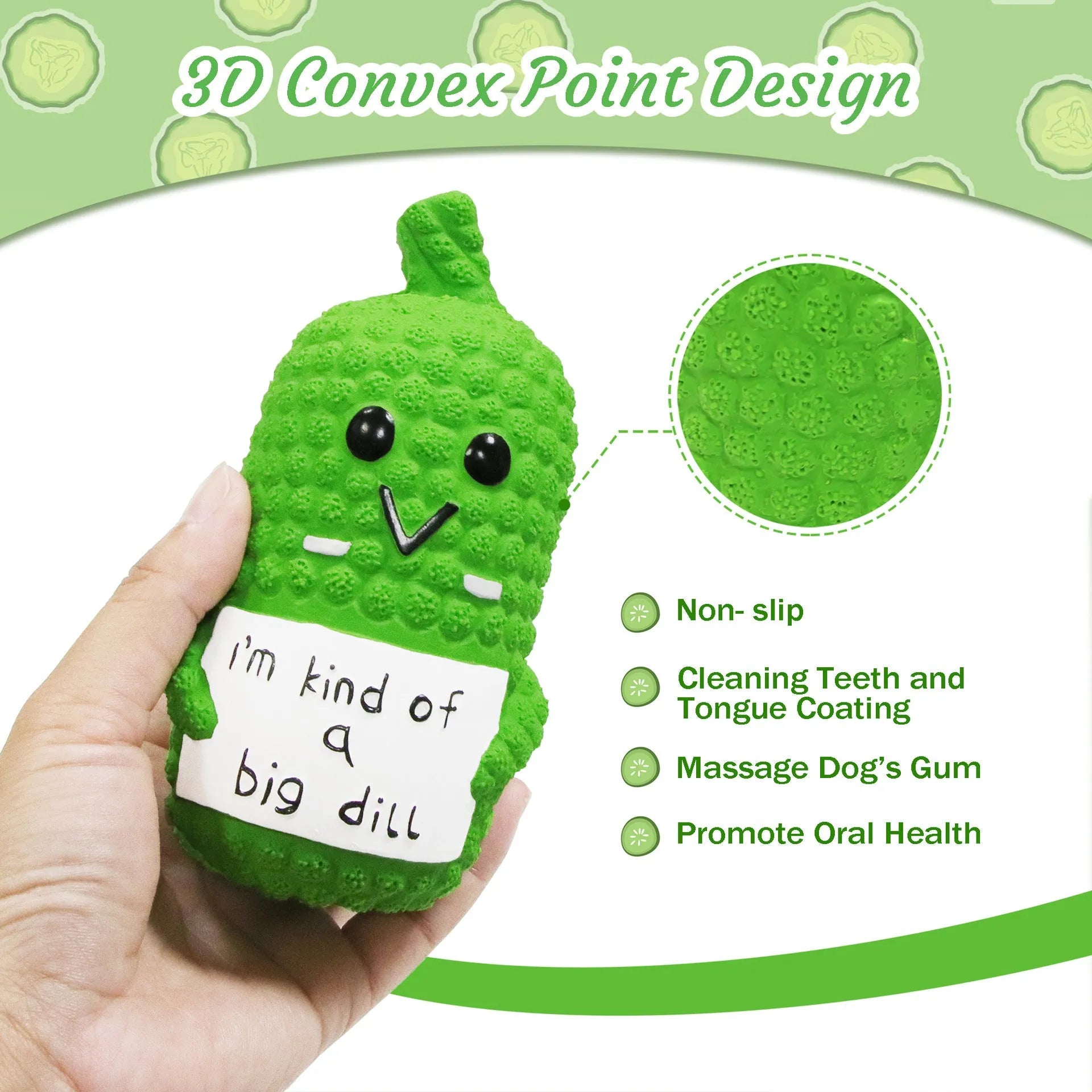 Bright green pickle-shaped dog chew toy with textured nubs on a white background.