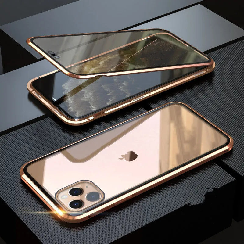Glass anti-spy clamshell phone case for iPhone in six colour options: black, silver, red, gold, green, blue.