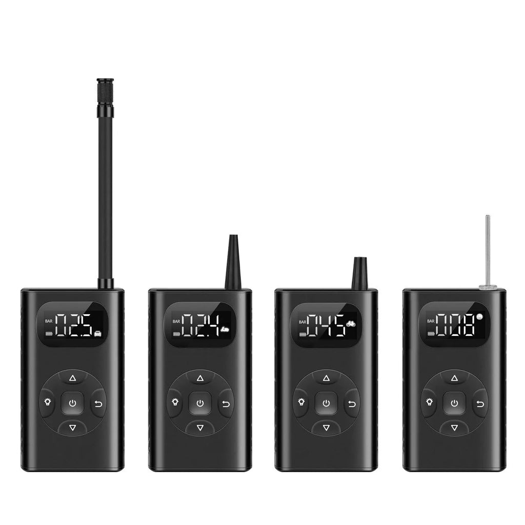 Black M09X portable air compressor power bank with digital pressure gauge and USB cable, 12x6.5x4.2cm aviation material