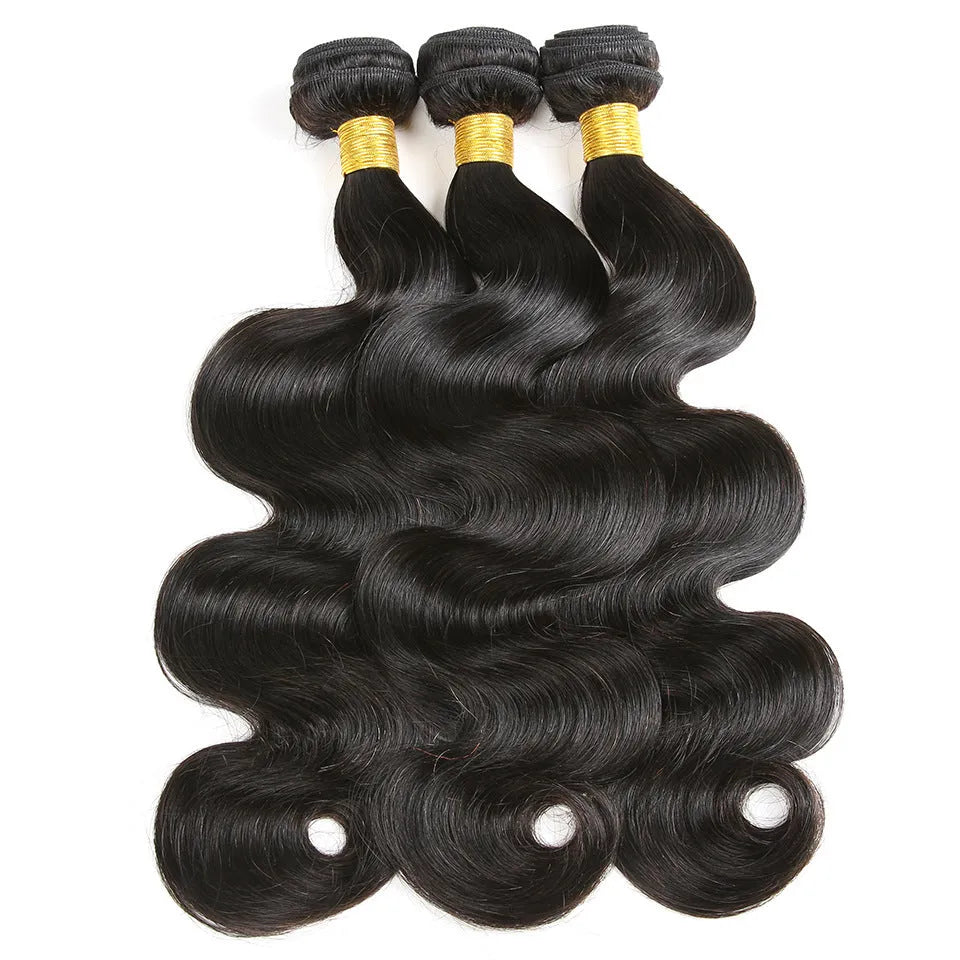 Piece body wave human hair bundles in black, lengths 8 to 24 inches, on a light background