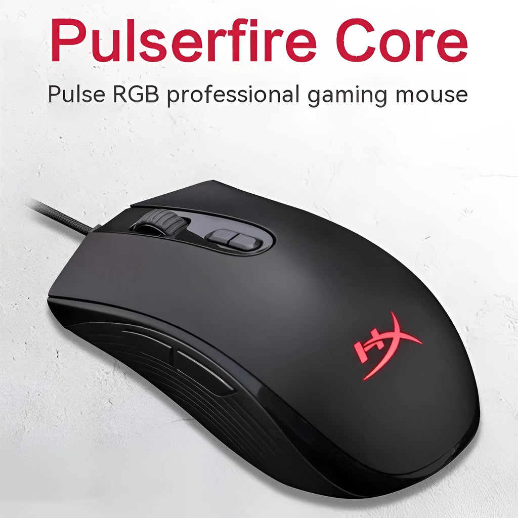 HyperX Pulsefire Core RGB wired gaming mouse in black and pink colours on a desk.