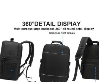 Black boarding bag travel computer backpack with sewing line detail and airpillow straps