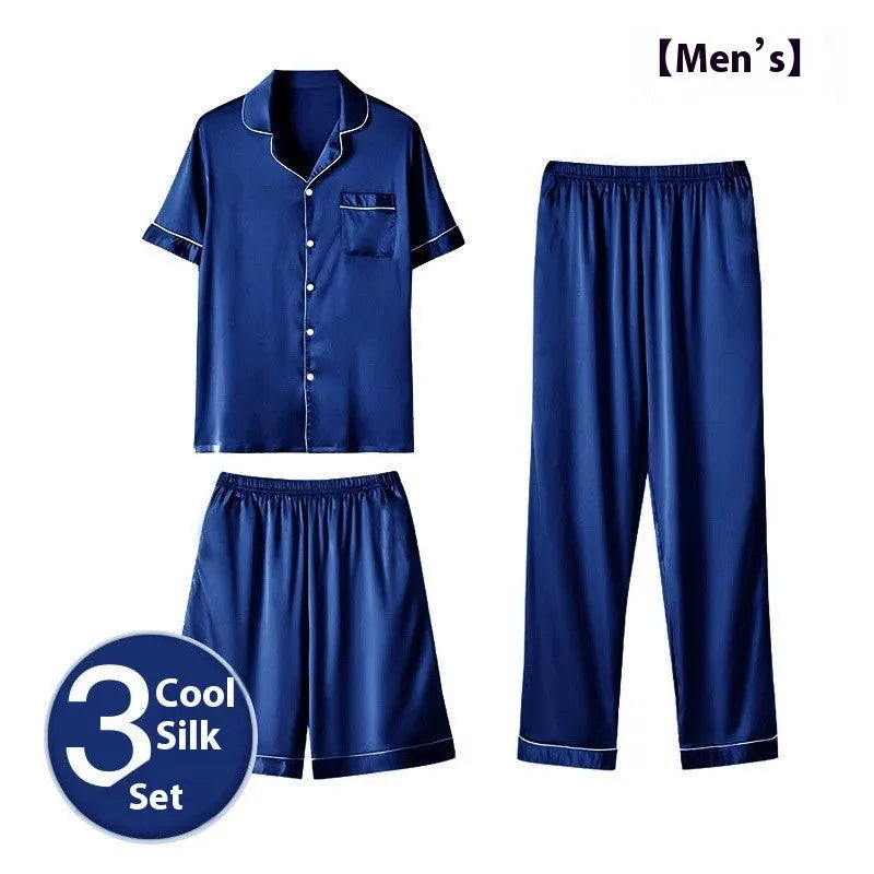 Men's ice silk three-piece home wear suit showing thin fabric, including trousers and shorts, in a selection of available colours.