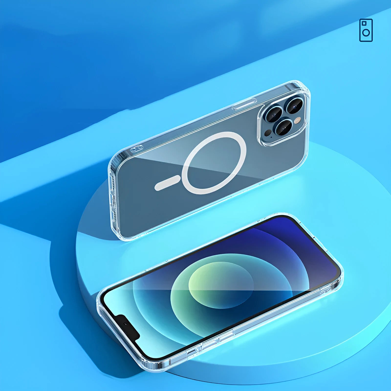 Transparent MagSafe compatible iPhone 13 protective case showing magnetic connectors and airbag anti-fall design