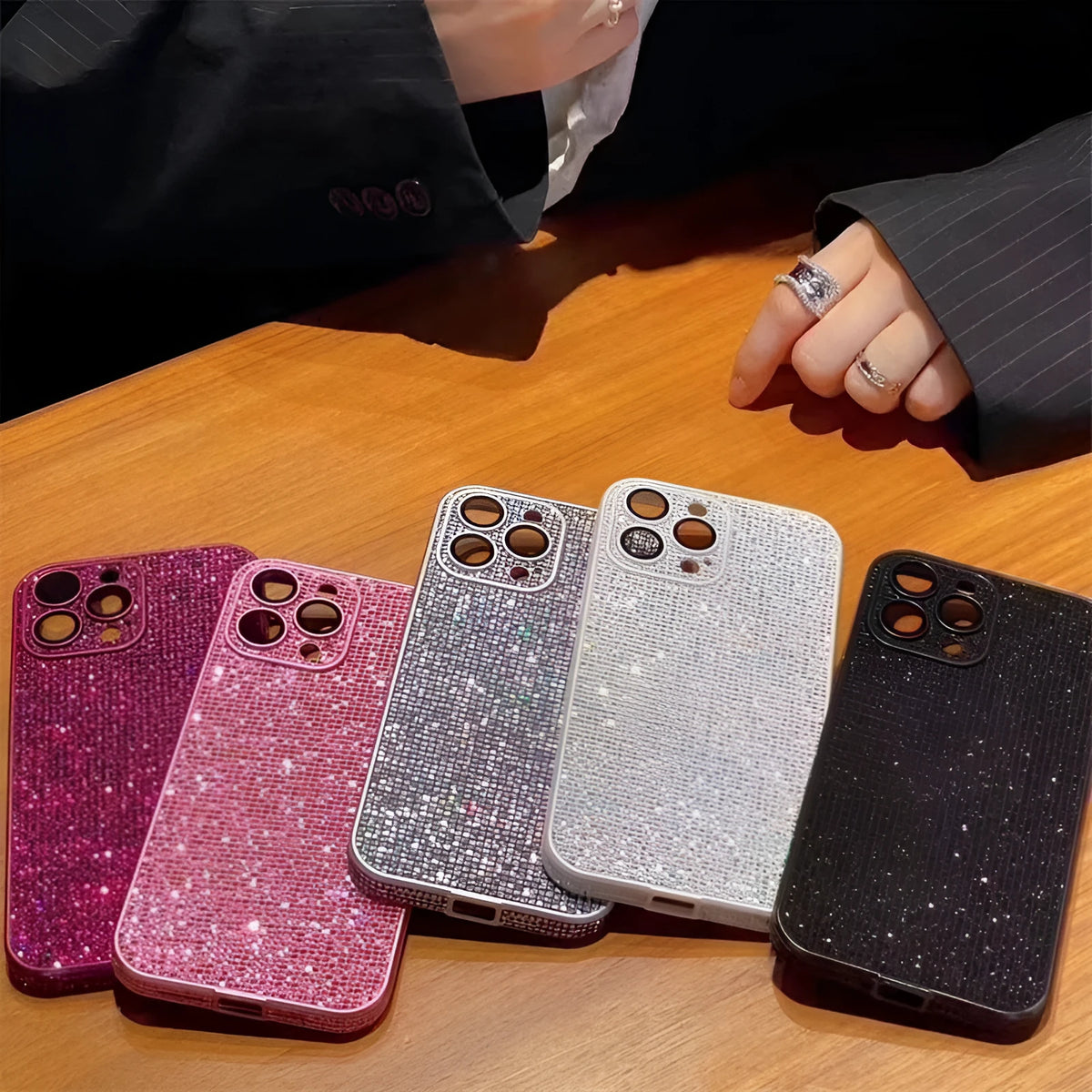 16 Por phone case with diamond lens protector in black for iPhone 12-16 series, PC material, drop-resistant
