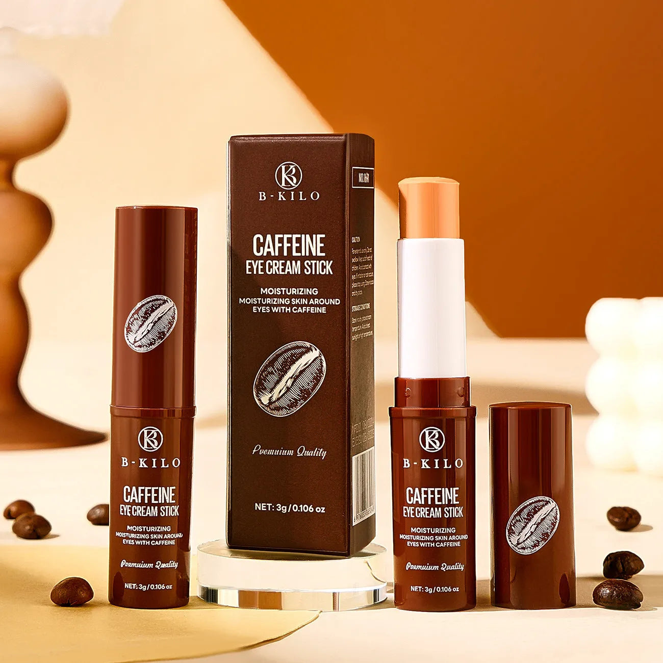 Caffeine eye cream stick applicator for reducing fine lines and dark circles, 3g net content.