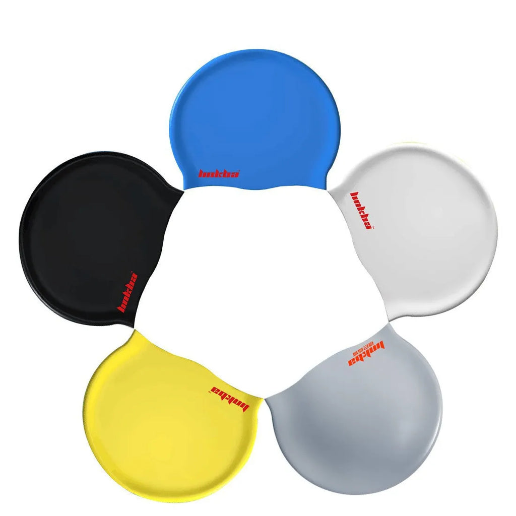 Adult silicone swimming cap with letter pattern in multiple colour options.