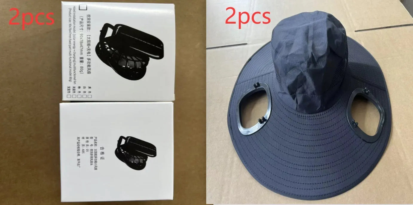 Men's grey solar cooling cap with large eave and visible fan unit on the front.