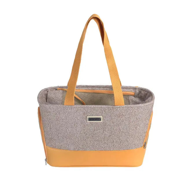 Breathable capsule-style pet backpack measuring 42cm long in beige brown colour