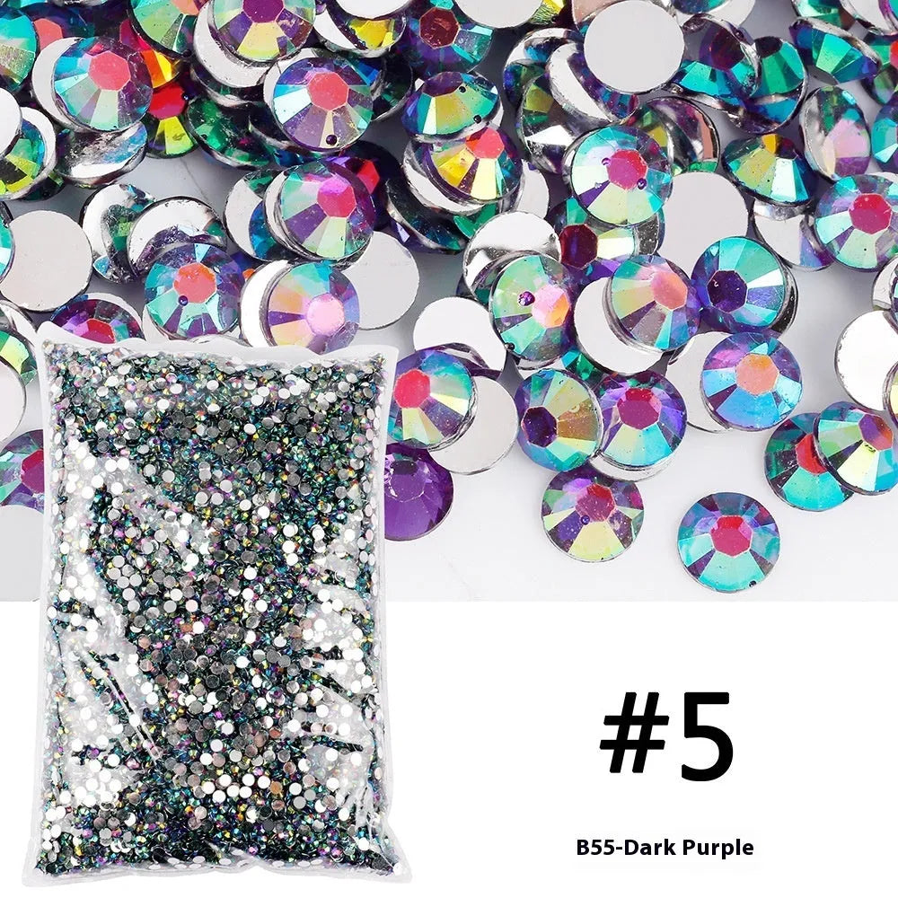 Plastic resin nail art rhinestones in multiple colours with electroplated surfaces arranged in mesh packaging