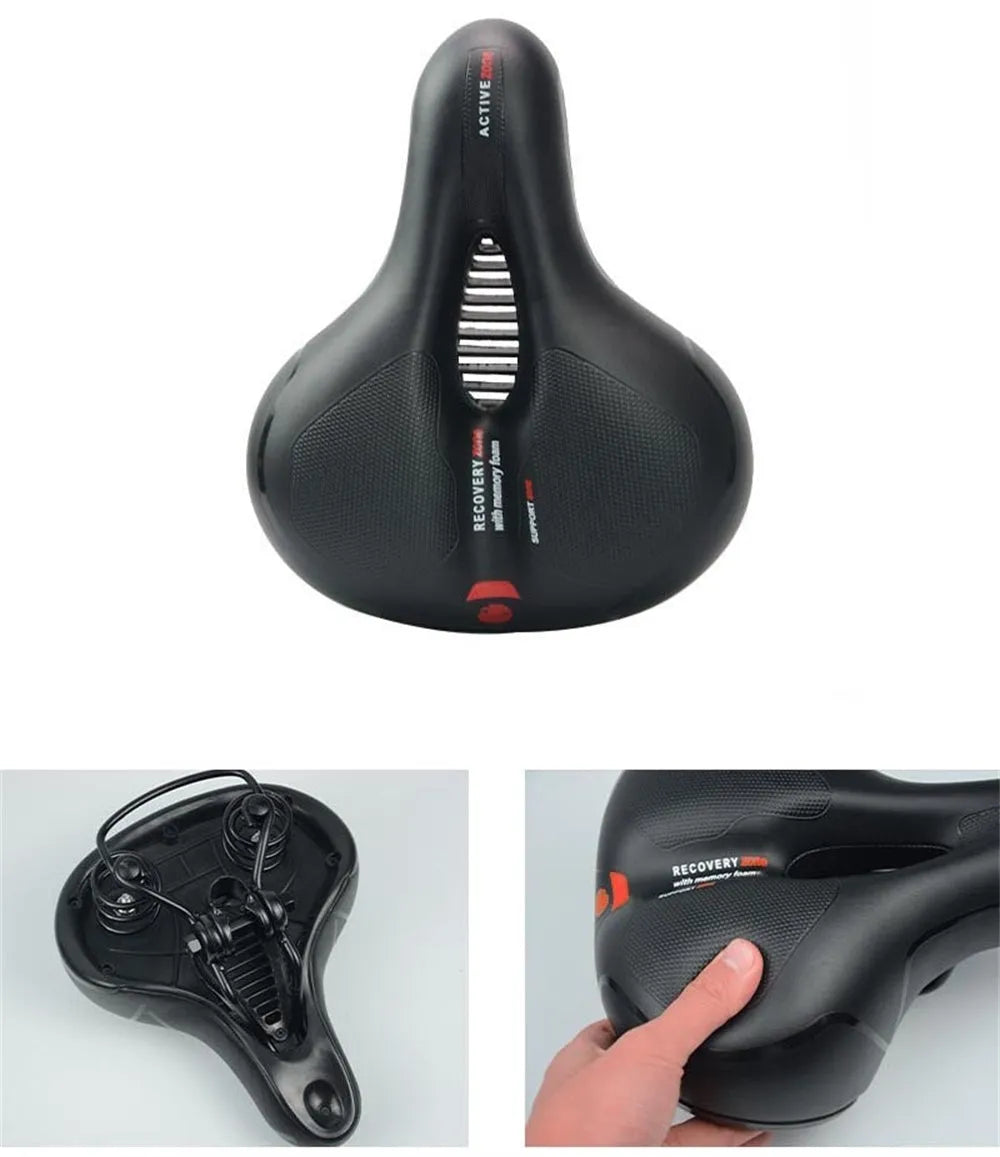 Bicycle saddle cushion with soft silicone padding and waterproof cover, includes wrench and tyre repair kit
