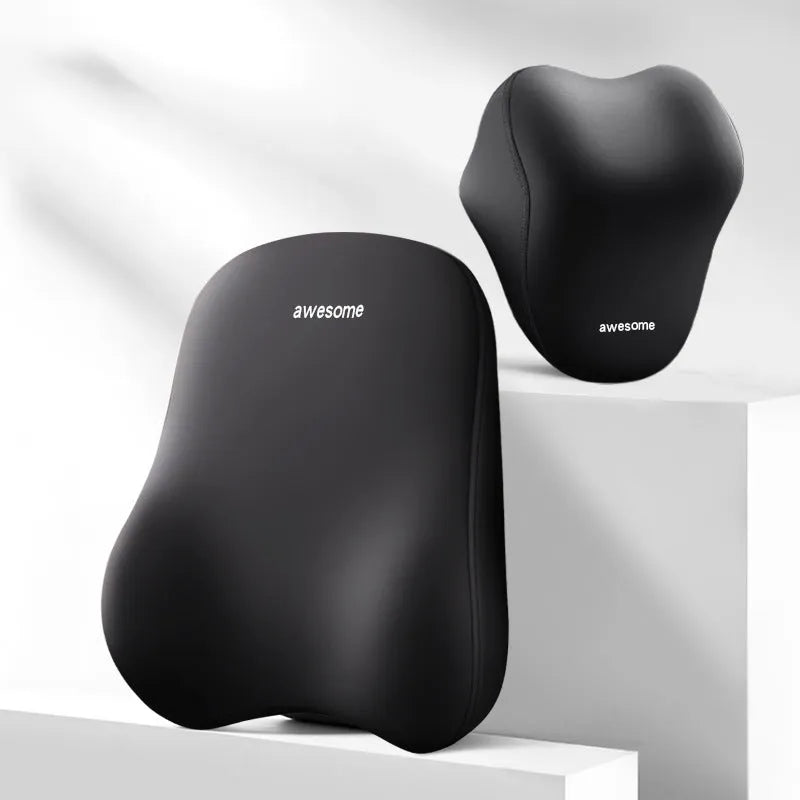 Automotive headrest and lumbar support pillow set in beige, black, and grey colour options